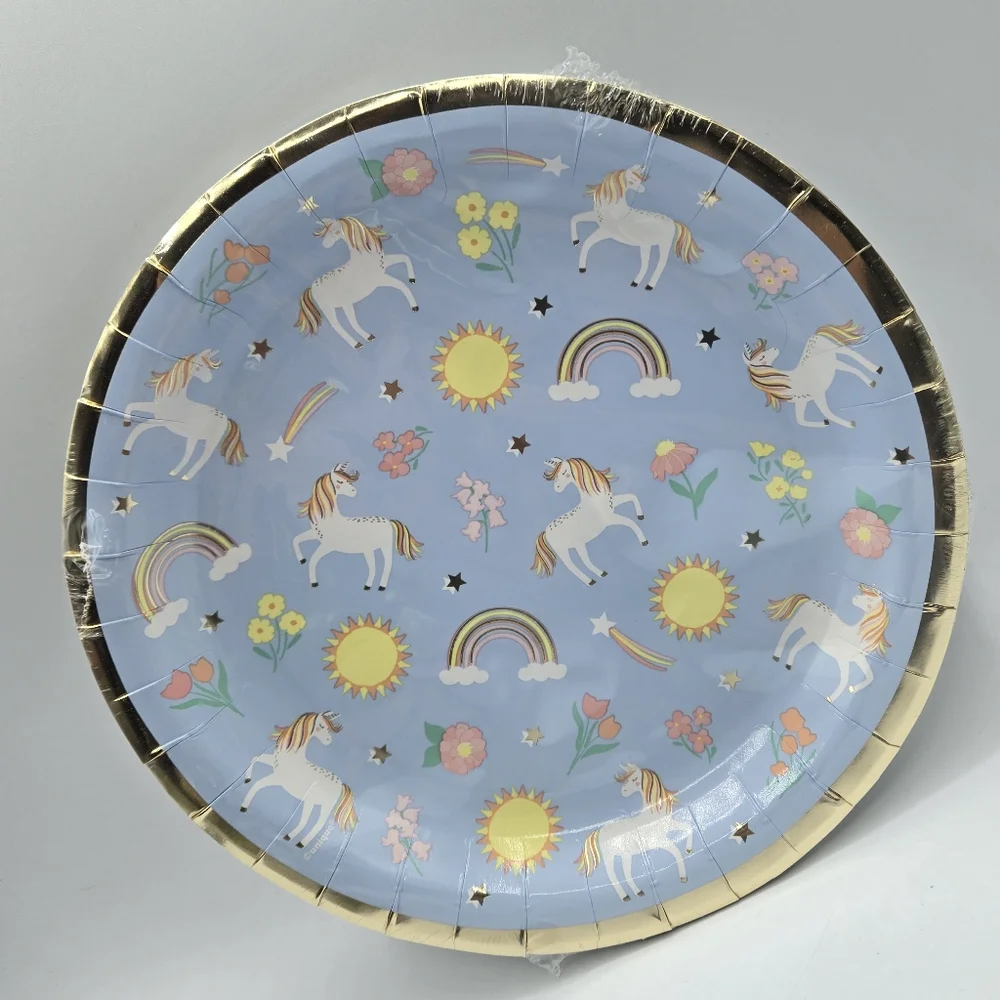 Unique Dainty Unicorn Party Paper Plates Blue Gold